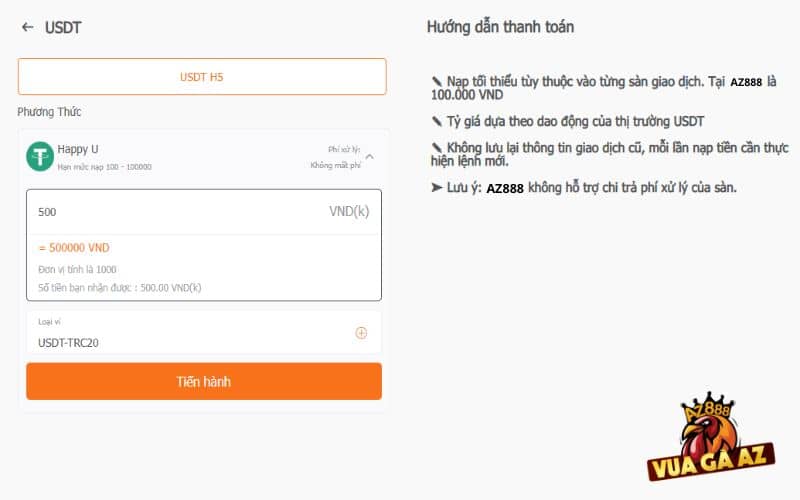 Điền số tiền cần nạp và bấm tiền hành