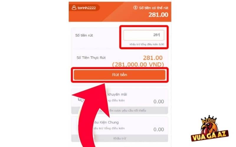 Điền số tiền cần rút và bấm rút tiền để yêu cầu